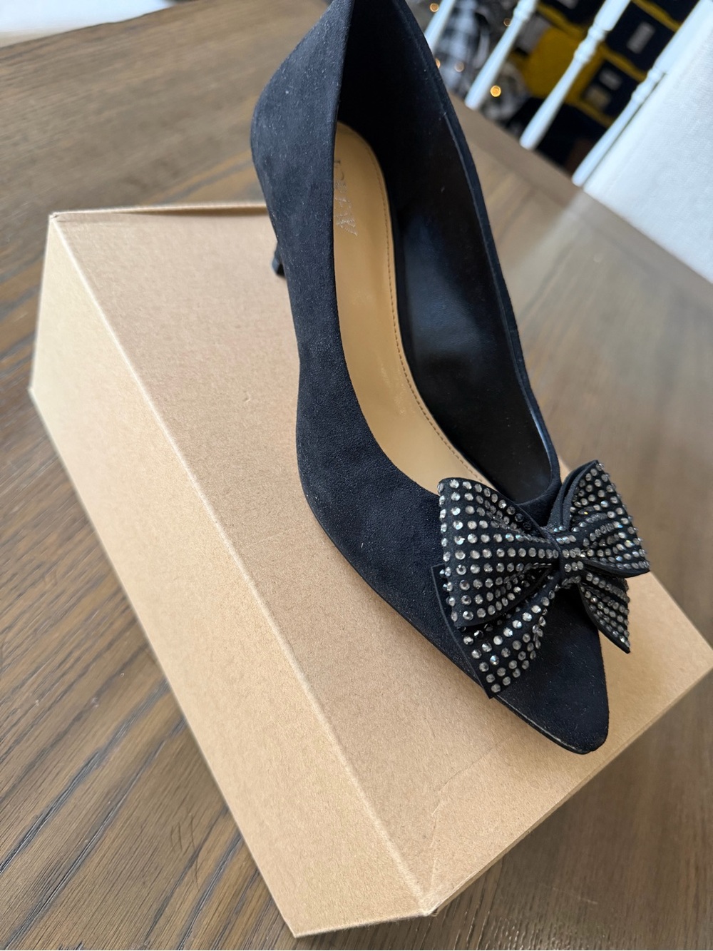 J.Crew Black Pointed Toe Bow Flat with Crystal Studs NWT
